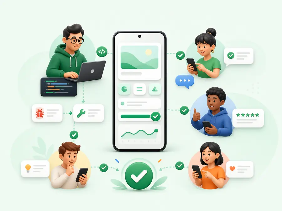 Android developers and testers collaborating on beta app testing