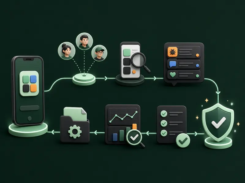A mobile app moving through testers, testing, feedback, verification and readiness steps