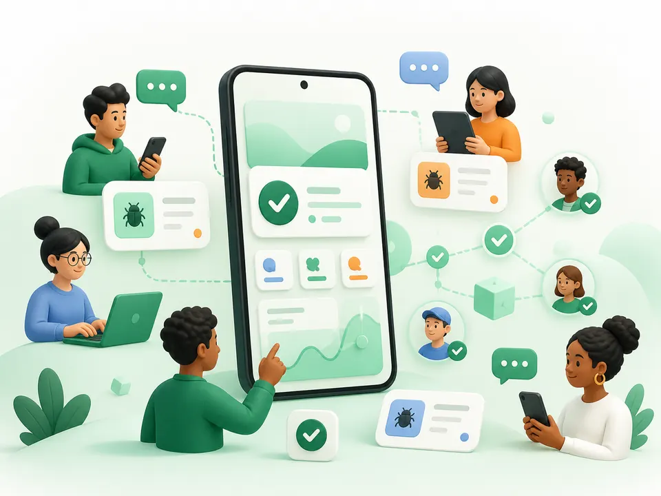 Developers and testers collaborating around a mobile app with feedback and verification checks